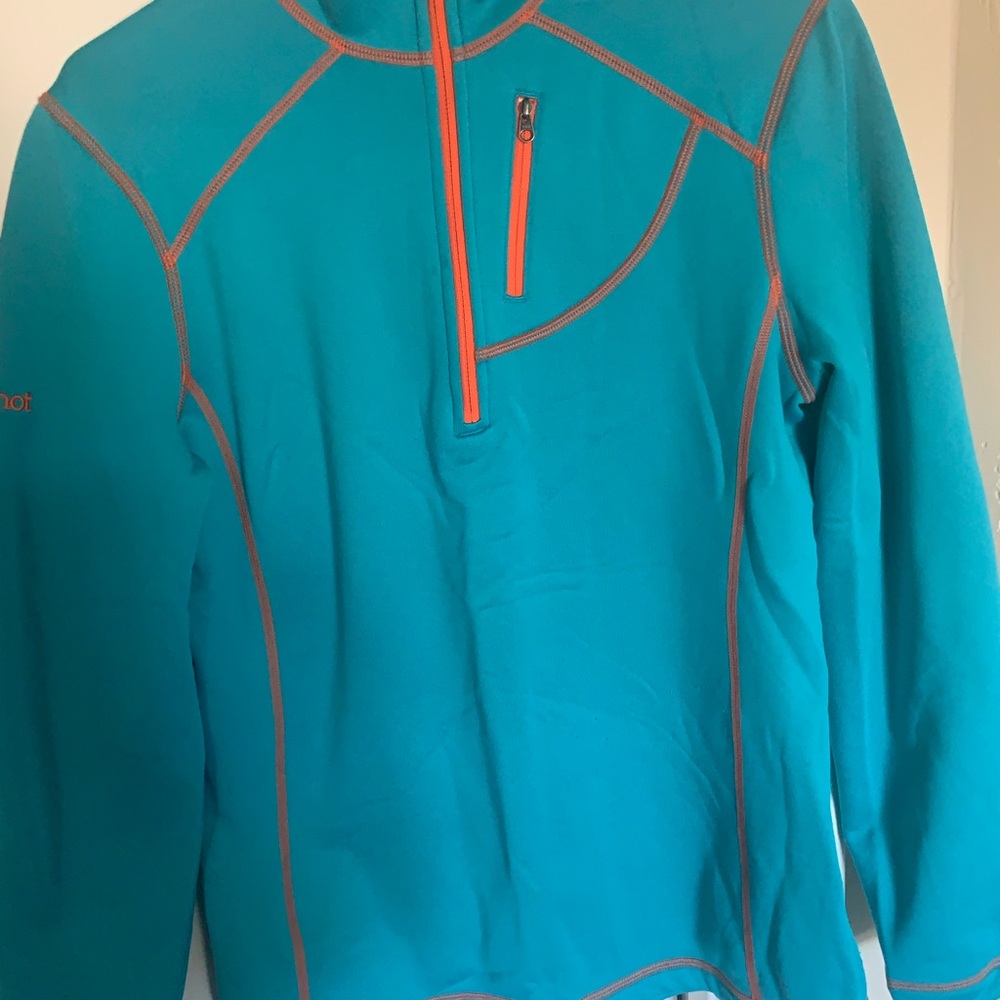Marmot Teal Fleece with Orange Stitching Size M Vertical Zipped Pocket - Picture 2 of 12